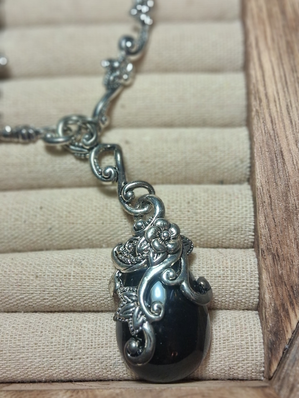 Ornate Black Stone Silver-Tone Pendant Necklace